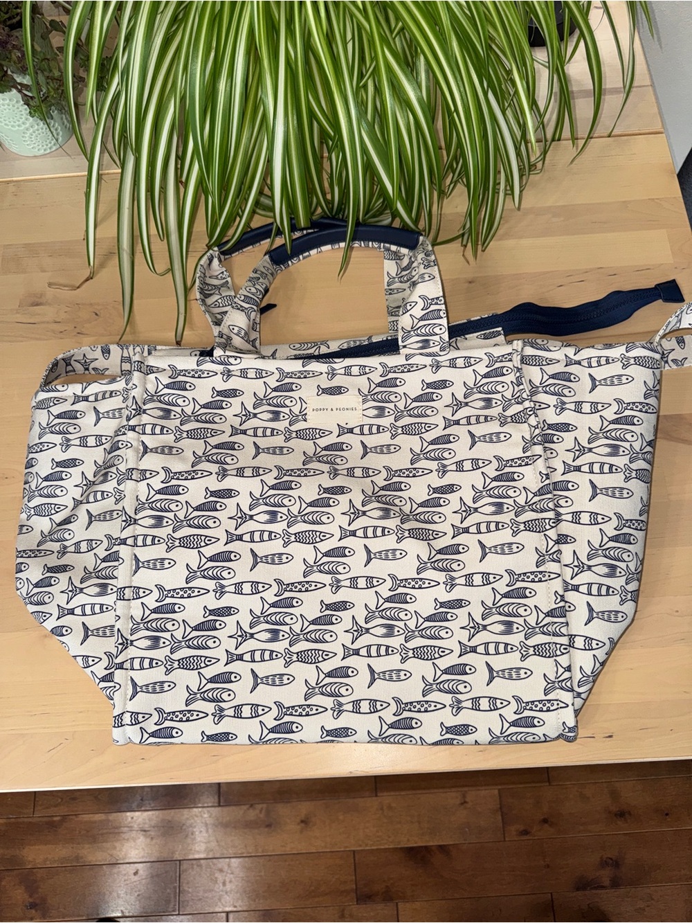 Poppy & Peonies Navy Fish-Print Canvas Tote